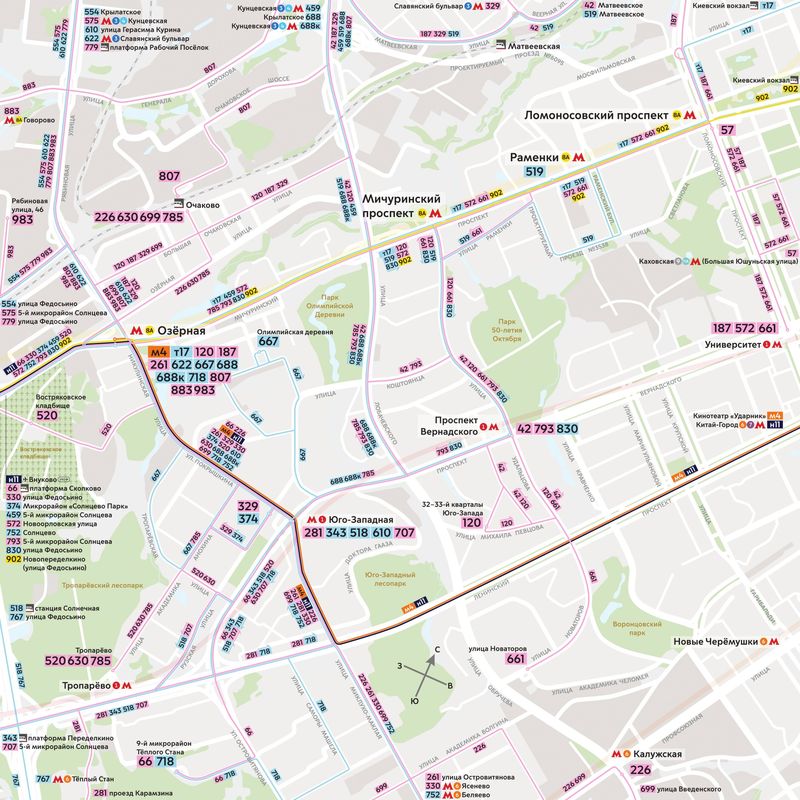 Схемы обновлённых маршрутов в районе новых станций метро «Мичуринский проспект» и «Озёрная»